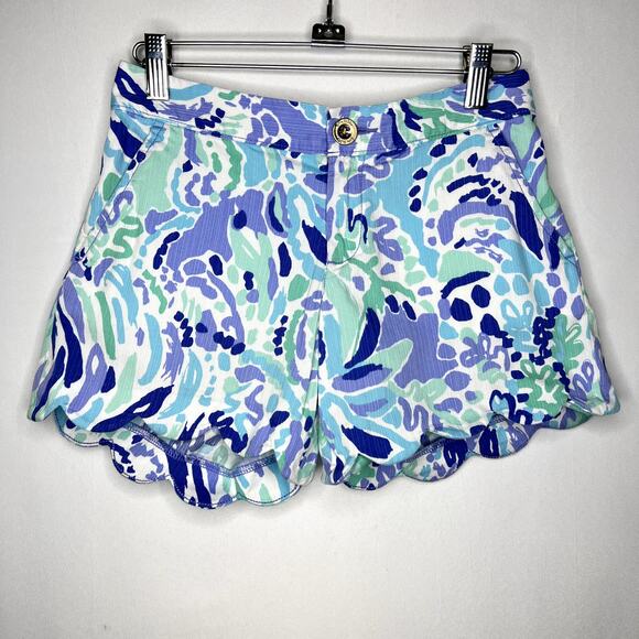 Lilly Pulitzer Blue Floral Buttercup Shorts Scallop Hem 100% Cotton Summer 00 - Picture 1 of 12